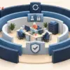 Ett kontor med medarbetare, datorer och en server omges av flera skyddslager som symboliserar företagets cybersäkerhet.