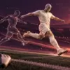 Illustration av en fotbollsspelare som skjuter en boll, med digitala rörelsespår och en handkontroll som anspelar på HyperMotion i FIFA 22.