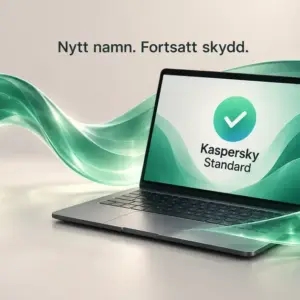 Illustration av övergången från Kaspersky Anti-Virus till Kaspersky Standard, med ett grönt skyddsband runt en bärbar dator och en mobiltelefon.