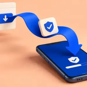 En blå nedladdningspil för en säkerhetsapp med sköldsymbol från en webbplats till en mobiltelefon.