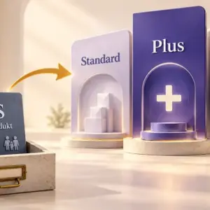 Illustration av Kaspersky Internet Security som en äldre produkt i en arkivlåda intill abonnemangen Standard, Plus och Premium, med Plus i fokus.