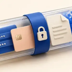 En genomskinlig kapsel med hänglås omsluter lösenord, ett bankkort och ett dokument och symboliserar krypterad förvaring i Kaspersky Password Manager.