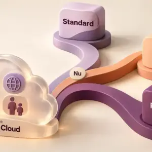 Ett moln med säkerhetssymboler förgrenas till tre paket märkta Standard, Plus och Premium och illustrerar övergången från Kaspersky Security Cloud till dagens abonnemang.