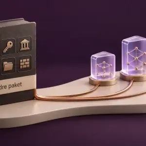 Ett äldre säkerhetspaket med symboler för skyddsfunktioner kopplas via kopparfärgade ledningar till tre moderna alternativ i lila glas.