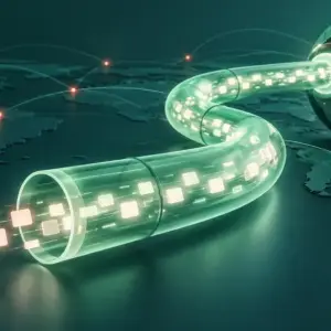 En lysande grön VPN-tunnel leder internettrafik från en wifi-anslutning till en jordglob och symboliserar krypterad kommunikation över hela världen.
