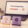 En bärbar dator visar installation av Kaspersky intill tre valbara versioner, Standard, Plus och Premium, samt en kalender som visar 30 dagars testperiod.