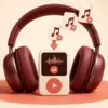 Vinröda hörlurar omger en musikspelare medan musikfiler med godkännandebockar och en nedåtpil symboliserar säker och laglig nedladdning för offlinelyssning.