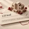 En företagsbyggnad på ett kort märkt LEI-kod är kopplad till värdepappersdokument och symboliserar företagets identitet vid värdepappershandel.