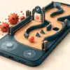 En mobil med en spelbana där skyddsräcken och en kontrollport håller skadlig kod utanför och symboliserar tryggt mobilt spelande.