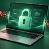En Mac-liknande bärbar dator med ett grönt hänglås på skärmen och röda markörpilar som löses upp vid skärmens kanter symboliserar skydd mot digitala hot.