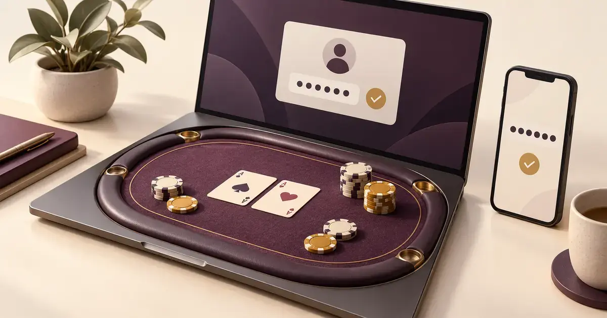 En bärbar dator med ett inbyggt pokerbord, spelkort och marker samt säker inloggning och tvåfaktorsautentisering via mobilen.