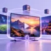En streamingskärm med en genomskinlig sköld och ett hänglås omges av innehållsbilder och servrar som symboliserar säker streaming och ett bredare utbud med VPN.